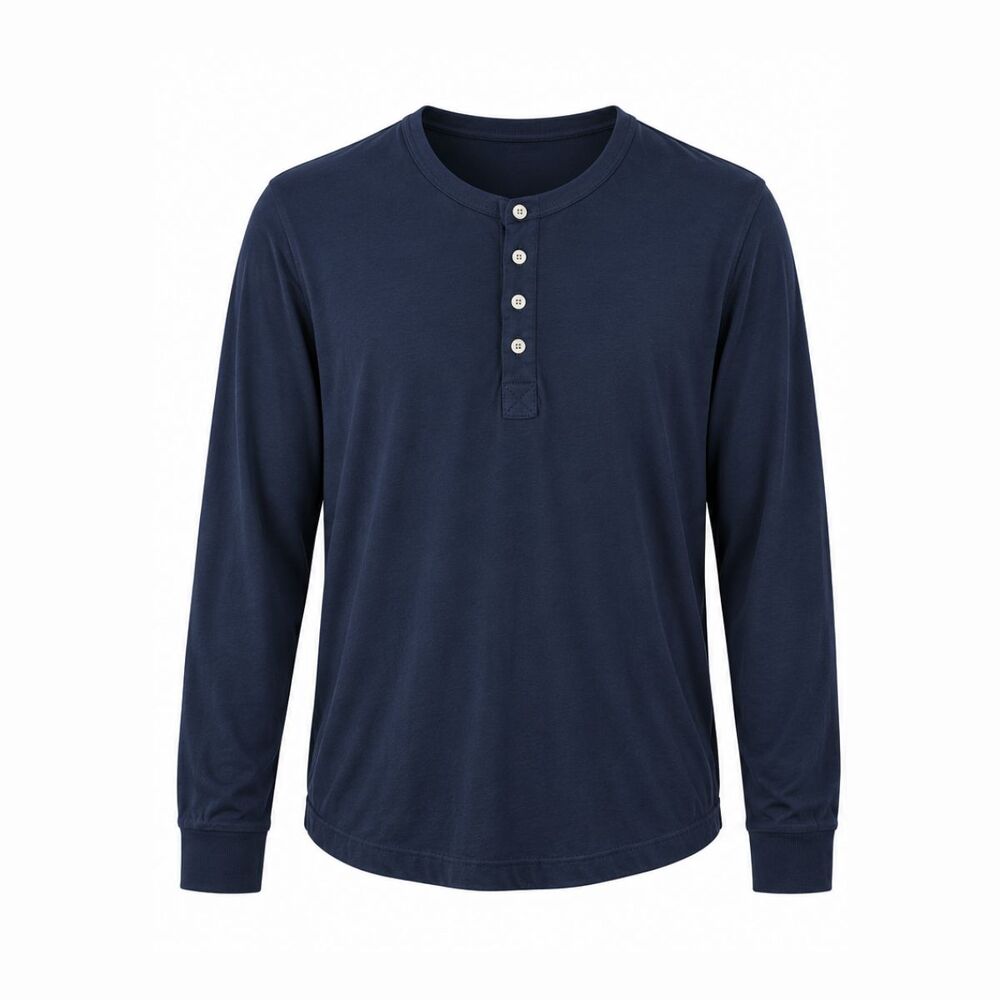 Buck Mason Mens Henley Shirt Blue Pima Soft Curved Hem Long Sleeve Tee Medium